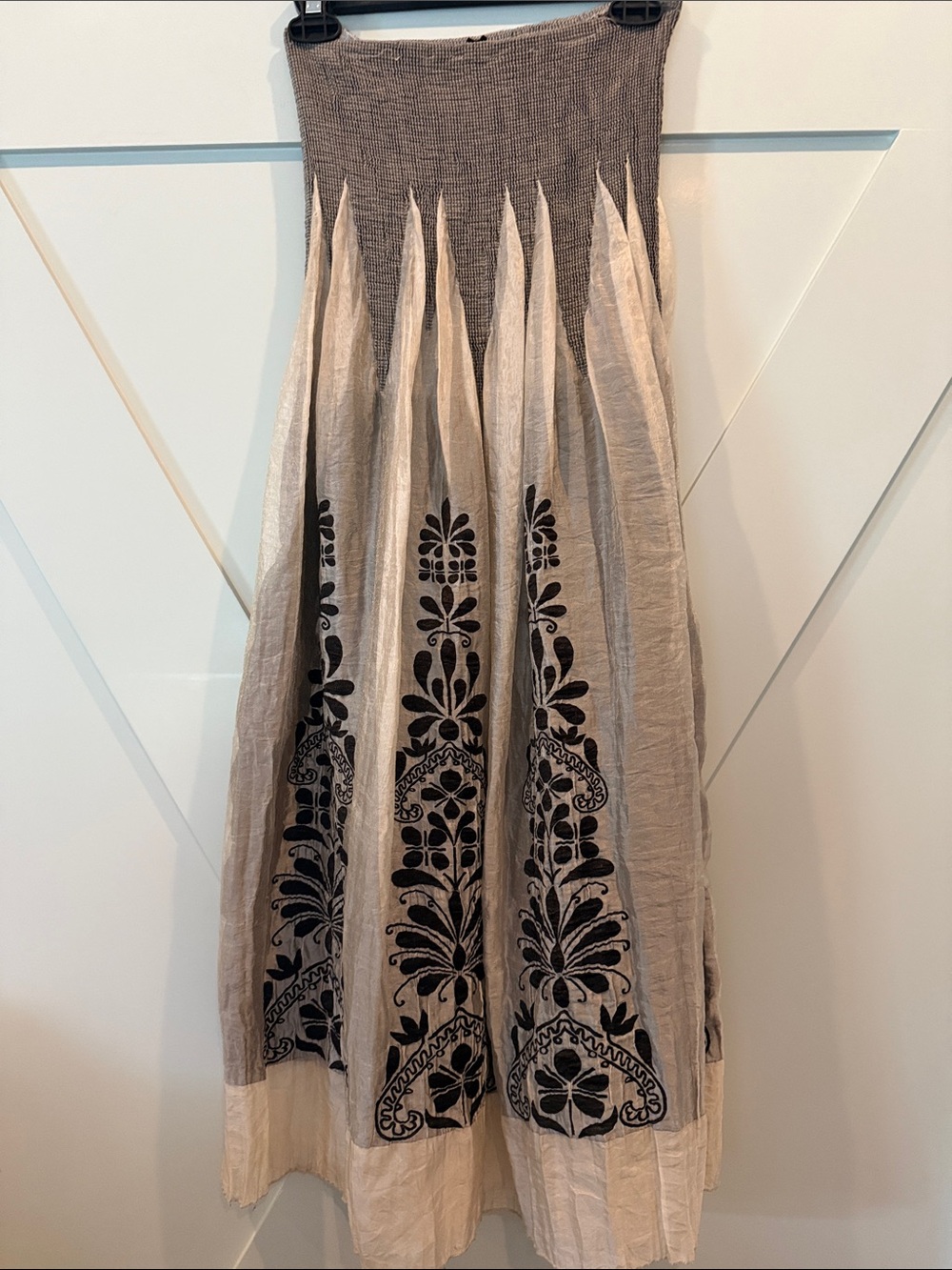 Smocked Waist Beige Maxi Skirt with Black Embroidered Floral Panels